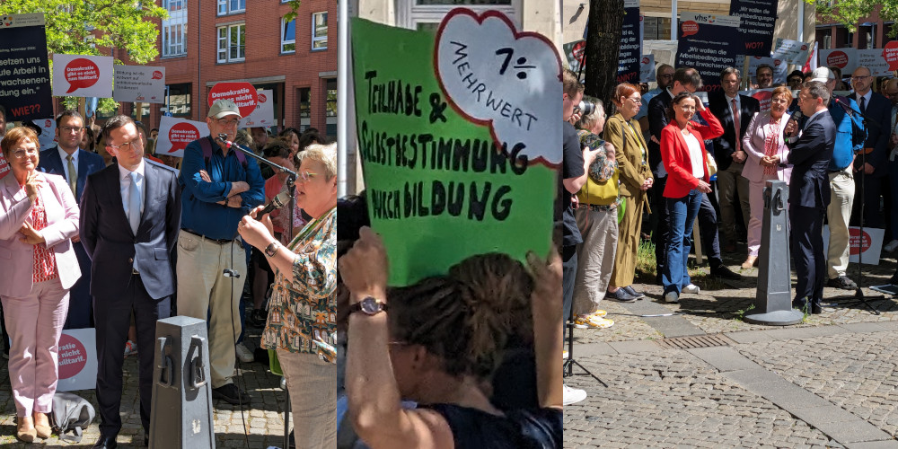 Eindrücke der Protestveranstaltung von Erwachsenenbildungseinrichtungen am 14.05.2024 vor dem Landtag Niedersachsens.