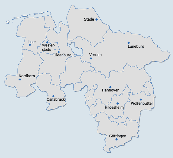 Eine Karte von Niedersachsen zeit die 11 Standorte der EEB-Geschäftsstellen an: Leer, Nordhorn, Westerstede, Oldenburg, Osnabrück, Stade, Lüneburg, Hannover, Hildesheim, Wolfenbüttel, Göttingen.